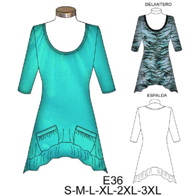 Molde de Mini vestido escote redondo con vuelos y bolsillos | E36 Molde de Mini vestido escote redondo con vuelos y bolsillos | E36