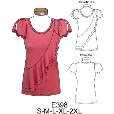 Molde de Camiseta con vuelo y manga abierta al centro evase | E398 Molde de Camiseta con vuelo y manga abierta al centro evase | E398