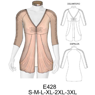 Molde de Camiseta manga reglan ¾ con fruncido central (opción manga corta) | E428