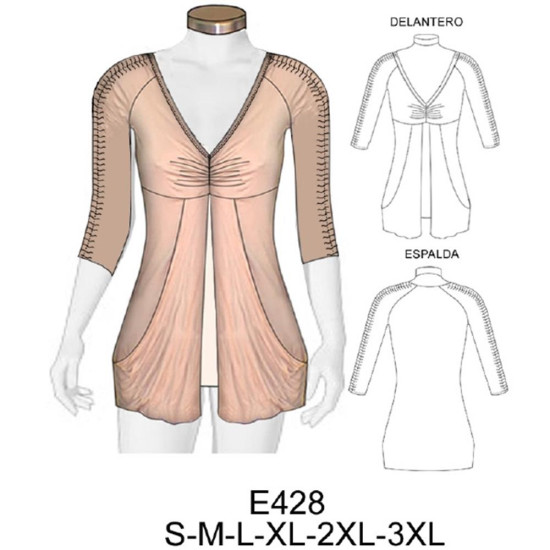 Molde de Camiseta manga reglan ¾ con fruncido central (opción manga corta) | E428 Molde de Camiseta manga reglan ¾ con fruncido central (opción manga corta) | E428