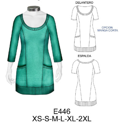 Molde de Camiseta manga raglan escotada con bolsillos largo 80 cms | E446 Molde de Camiseta manga raglan escotada con bolsillos largo 80 cms | E446
