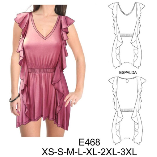 Molde de Minivestido con elástico en cintura vuelos laterales | E468