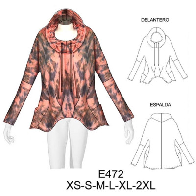 Molde de Sudadera tipo capa, con gorro grande, ruedo evase | E472