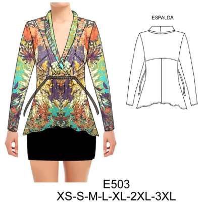 Molde de Camiseta cuello cruzado fruncido en parte inferior, ruedo semi evase | E503