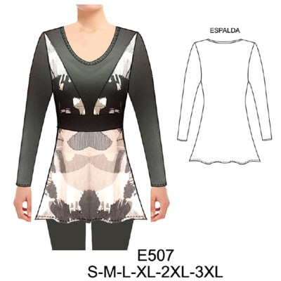 Molde de Camiseta con corte bajo busto, corte central, semi evase | E507