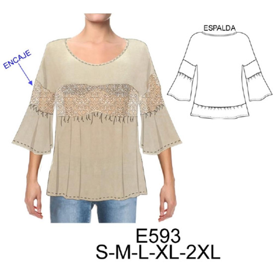 Molde de Camiseta con aplicación de encaje y fondo de gasa, faldón y manga fruncido | E593 Molde de Camiseta con aplicación de encaje y fondo de gasa, faldón y manga fruncido | E593