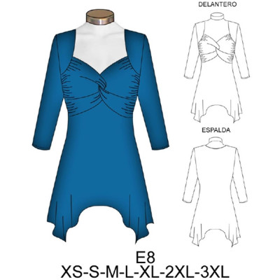 Molde de Camiseta nudo con fruncidos, ruedo evase en punta | E8 Molde de Camiseta nudo con fruncidos, ruedo evase en punta | E8