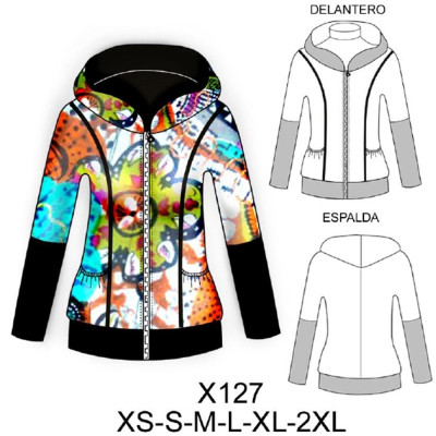 Molde de Sudadera lycra, bolsillo globo, con gorro forrado grande | X127