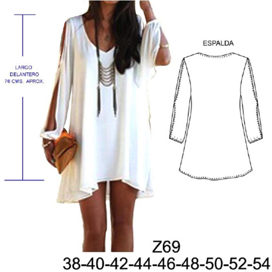 Molde de Mini vestido, mangas con aberturas, ruedo evase asimétrico | Z69 Molde de Mini vestido, mangas con aberturas, ruedo evase asimétrico | Z69