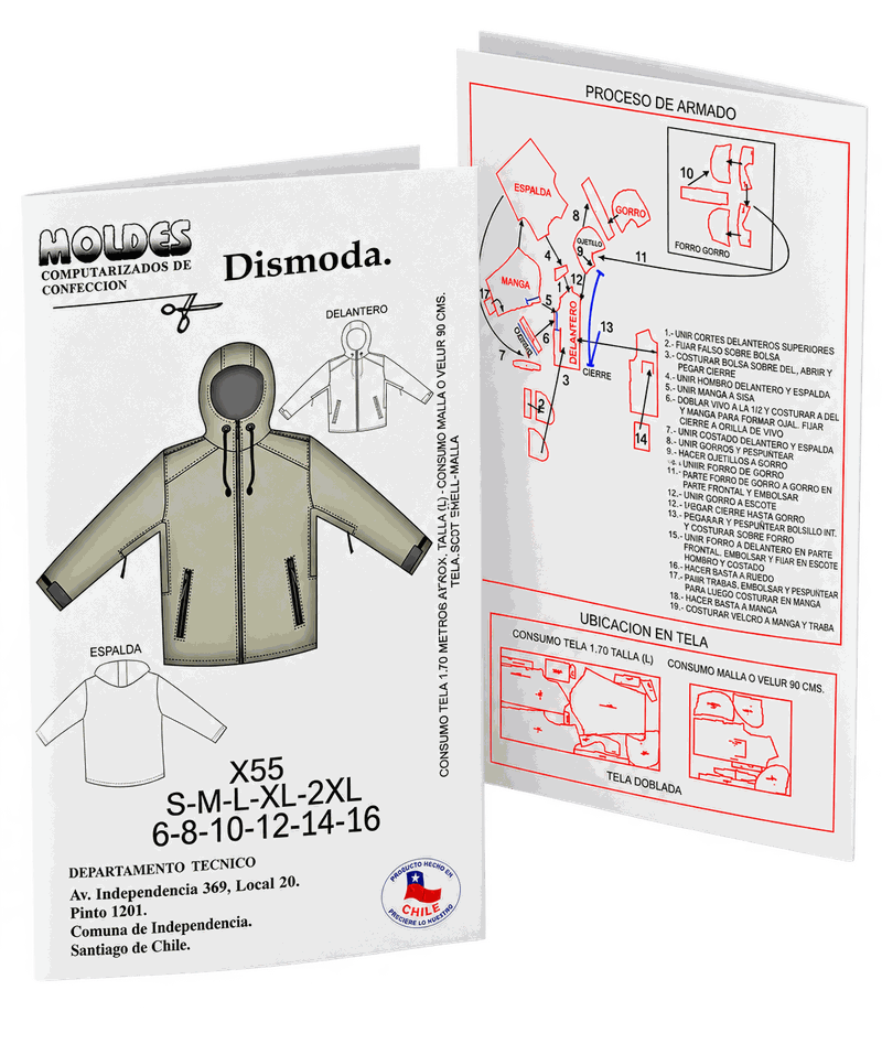 Ficha del molde X55 doblada: portada con la parka con gorro y reverso con el proceso de armado y la ubicación en tela