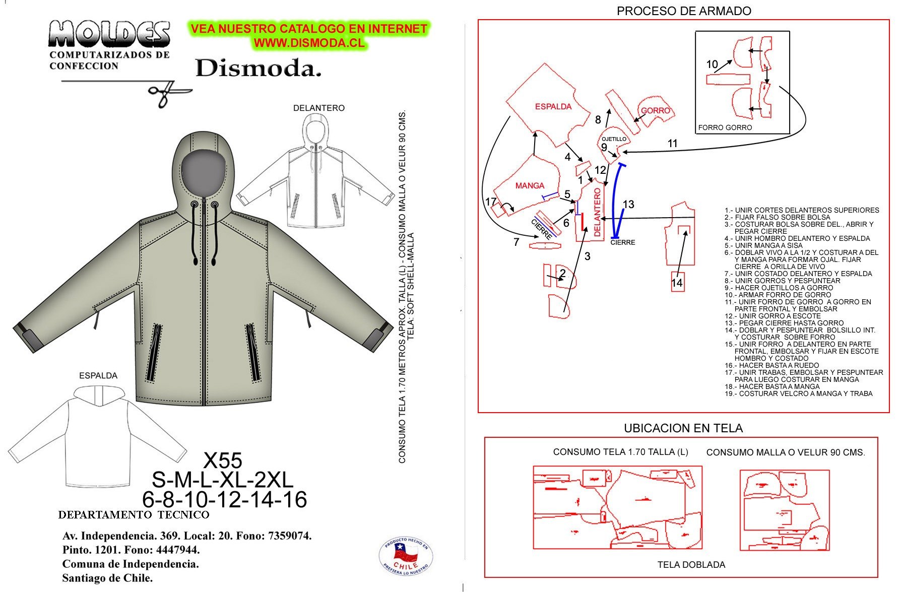 Ficha del molde X55: portada con dibujo técnico de la parka con gorro, tallas S a 2XL y 6 a 16, proceso de armado en 19 pasos y ubicación de las piezas en la tela