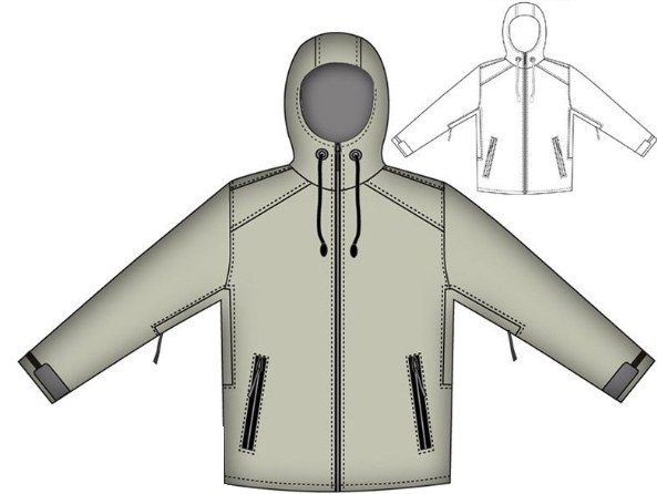 Dibujo técnico de la parka con gorro modelo X55, vista delantera
